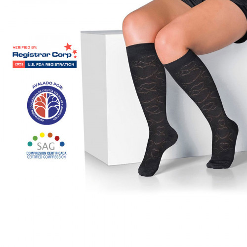 Women’s Medium Compression Stockings – Knee High, Opaque, Corazones Fantasy Pattern, 15-20mmHg